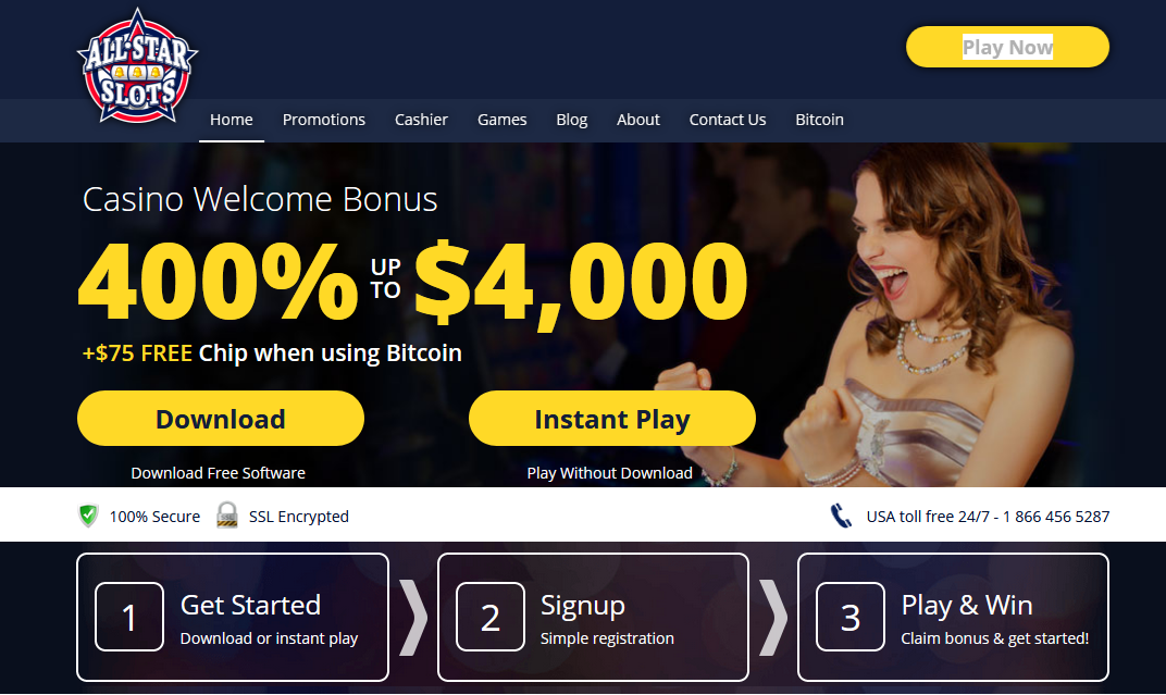 Casino Welcome Bonus 400%
                                          UP TO $4,000 +$75 FREE Chip
                                          when using Bitcoin